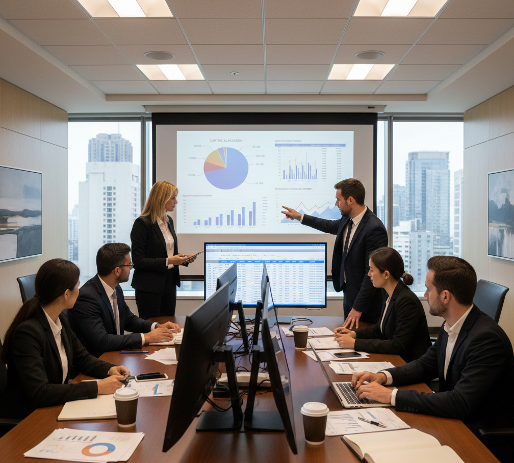 Equipo de profesionales analizando datos de capital y gastos en sala de conferencias corporativa