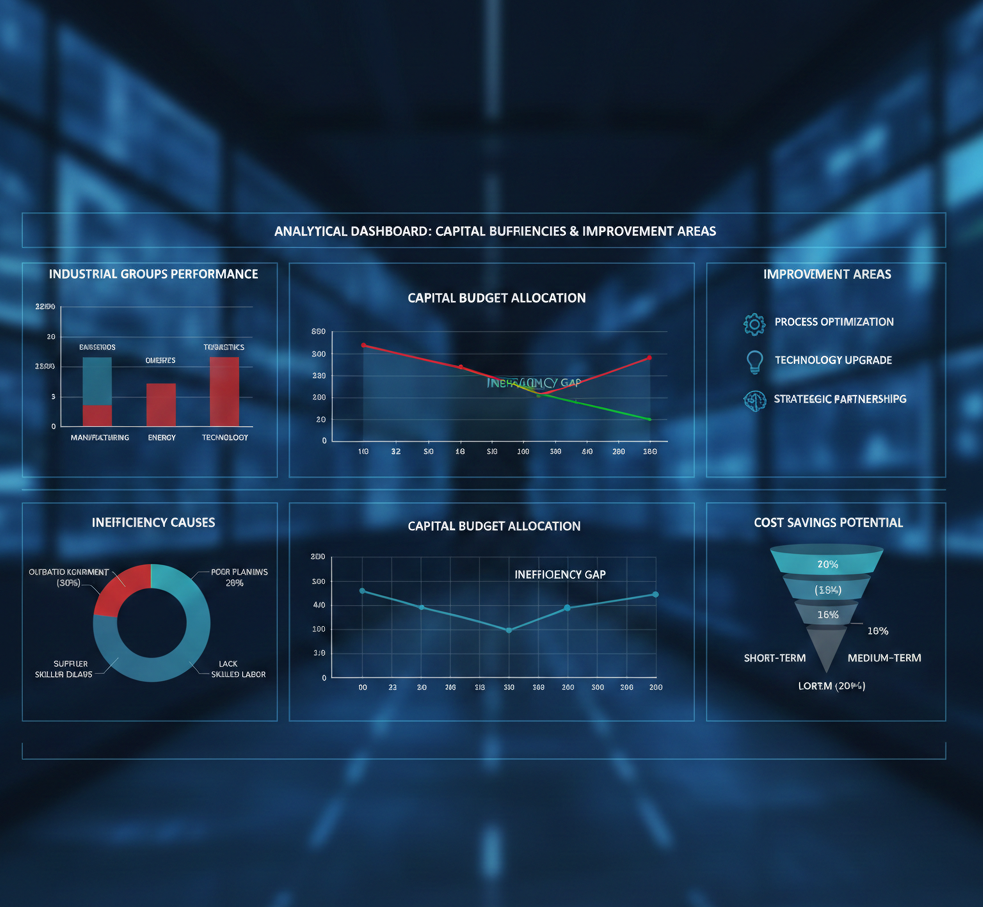 Gráfico analítico mostrando ineficiencias en presupuestos de capital y puntos de mejora en grupos industriales