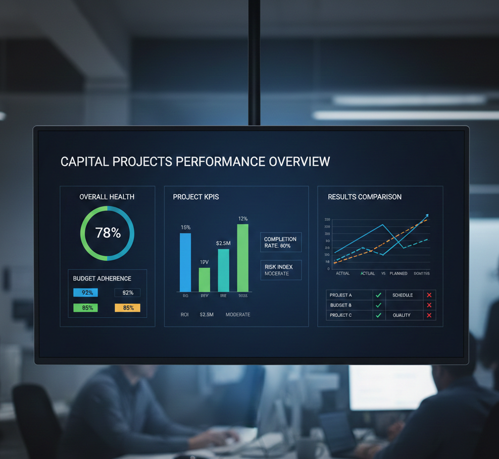 Pantalla de dashboard mostrando métricas de rendimiento, KPIs de proyectos de capital y análisis comparativo de resultados