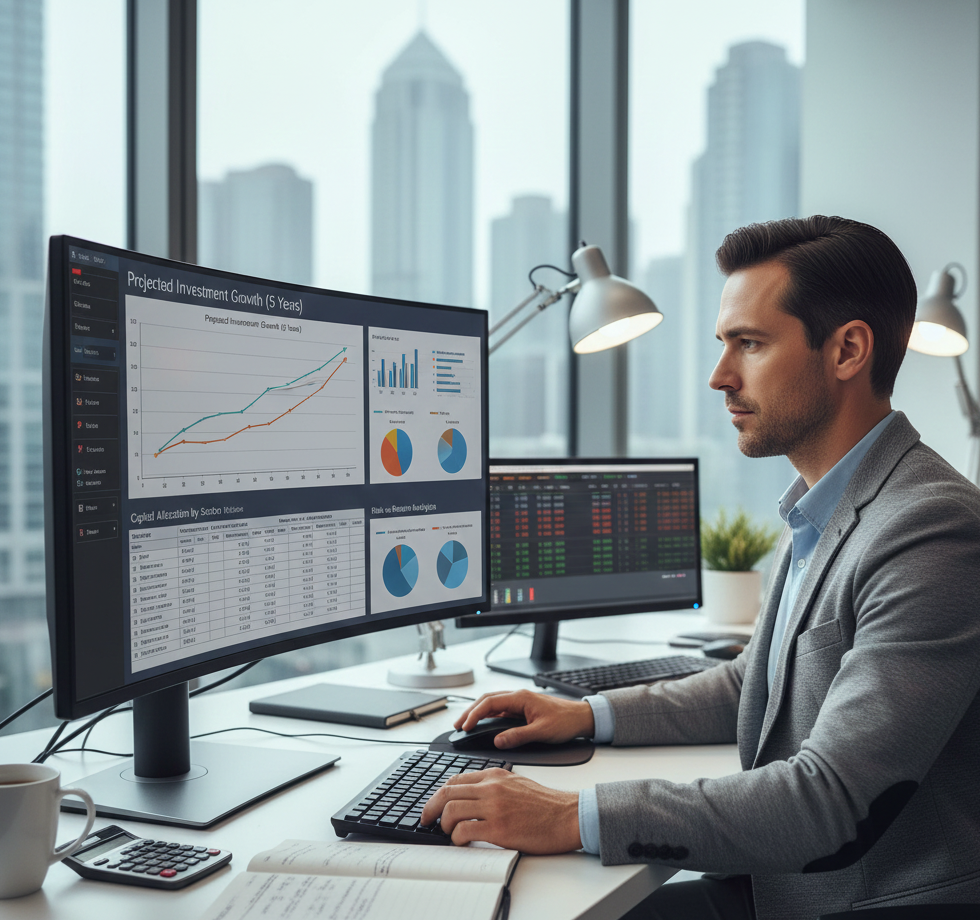 Analista financiero revisando modelos de inversión de capital en pantalla de computadora con gráficos de proyecciones